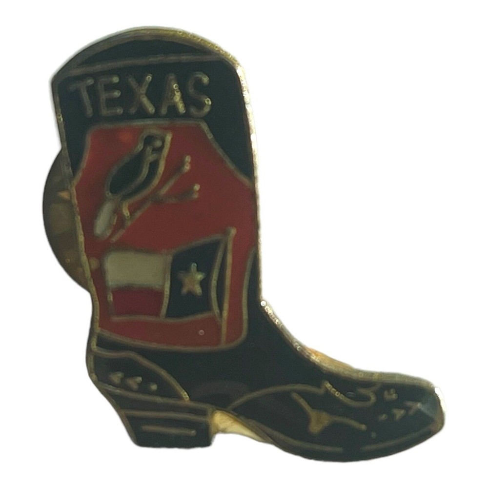 Texas Cowboy Boot Shaped Souvenir Travel Lapel Pin w/ State Flag & Bird